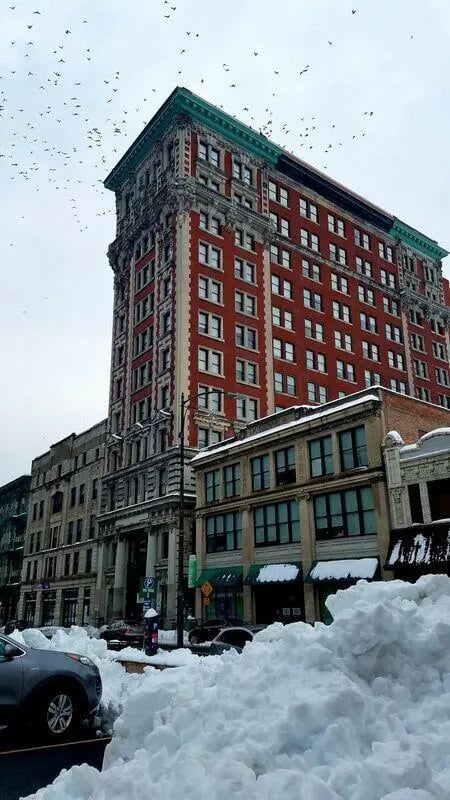 Red brick building with snow and birds exterior at The Printing House in Binghamton Student Accommodation