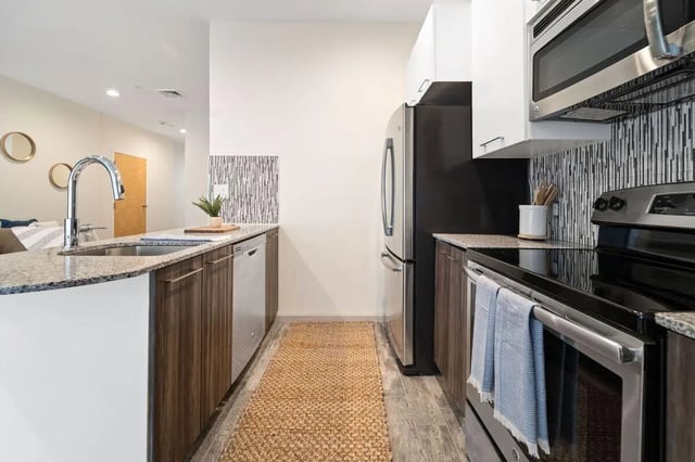 Stainless steel appliances sink and cabinets kitchen at The Printing House in Binghamton Student Accommodation
