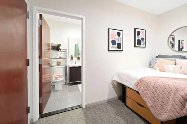 Bed bathroom with artwork and mirror Bedroom at The Printing House in Binghamton Student Accommodation