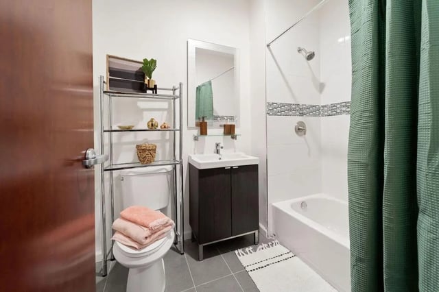 Toilet sink shelves bath with shower curtain bathroom at The Printing House in Binghamton Student Accommodation