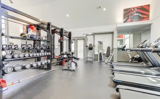 Dumbbells and treadmills in a gym at The Row At The Stadium in Columbia Student Accommodation
