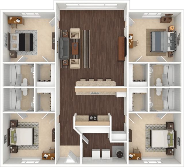 Four bedrooms living kitchen and bathrooms floor plan at Collegiate Suites in Blacksburg Student Accommodation