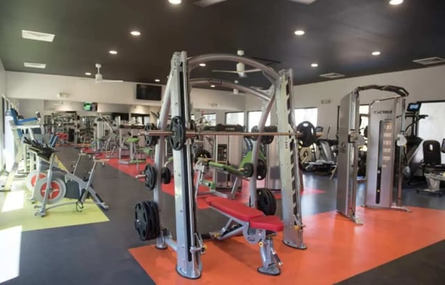 Gym equipment with weight benches and bikes gym room at The Ivy in Tampa Student Accommodation
