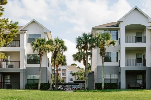Apartment buildings with balconies palm trees cars exterior at The Ivy in Tampa Student Accommodation