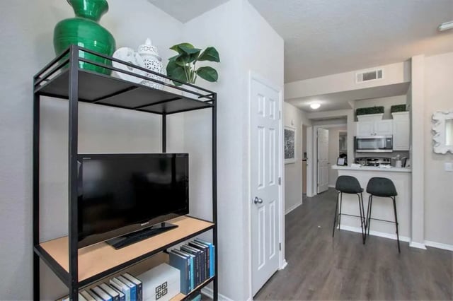 TV bookshelf green vase white decor kitchen living room at The Ivy in Tampa Student Accommodation