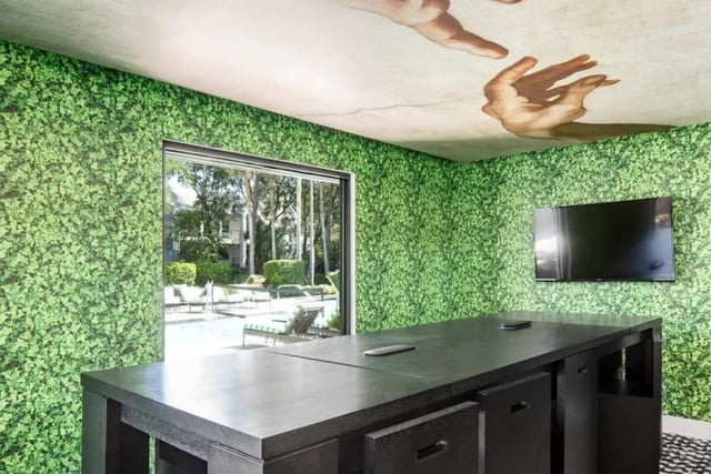 Large table and TV green walls communal area at The Ivy in Tampa Student Accommodation