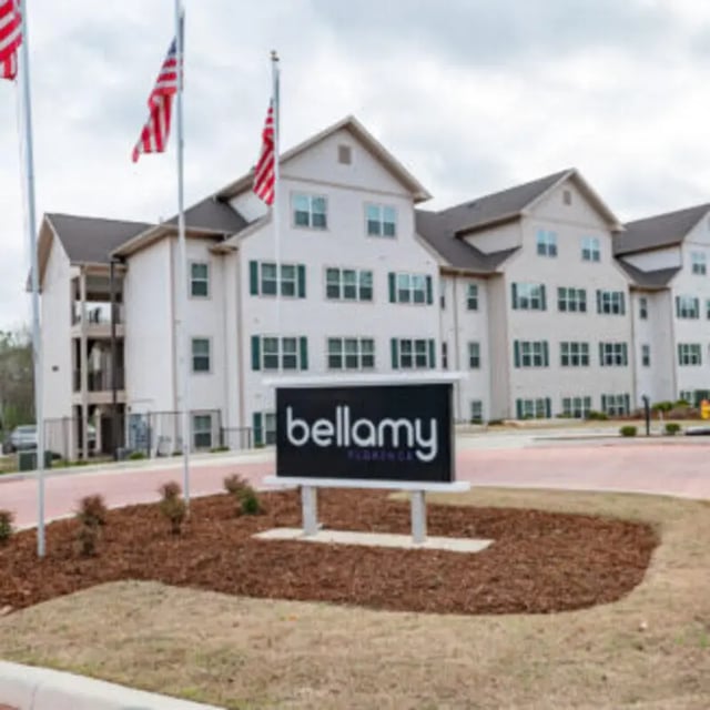 Bellamy sign flags building exterior at Bellamy Florence in Florence Student Accommodation