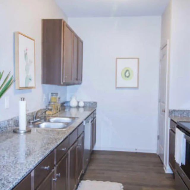 Kitchen with dark cabinets granite counters and sink kitchen at Bellamy Florence in Florence Student Accommodation