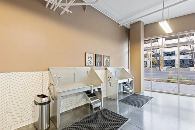 Dog wash stations with metal tubs and steps Pet area at Canyon Flats in Reno Student Accommodation