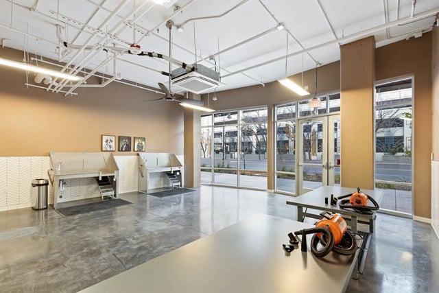 Pet grooming stations with dog portraits and vacuums. at Canyon Flats in Reno Student Accommodation
