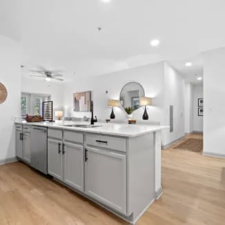 Modern kitchen island with sink and dishwasher living area Image at Bellamy Milledgeville in Milledgeville Student Accommodation