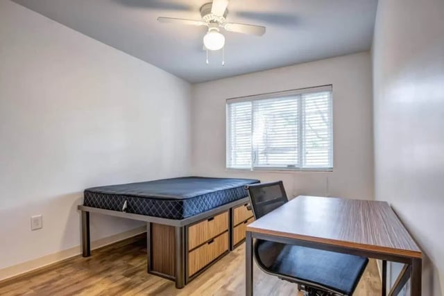 Bed desk chair ceiling fan Bedroom at 61 Vandy in Charleston Student Accommodation