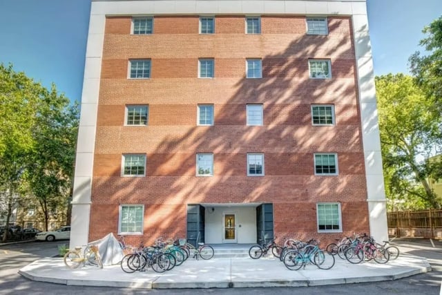 Brick building with windows and parked bicycles exterior at 61 Vandy in Charleston Student Accommodation