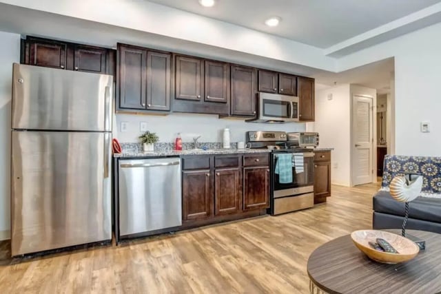 Stainless steel appliances and dark wood cabinets kitchen at 61 Vandy in Charleston Student Accommodation
