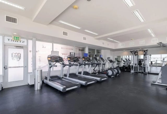 Treadmills and ellipticals in a bright gym space at Claremont Collegiate Apartments