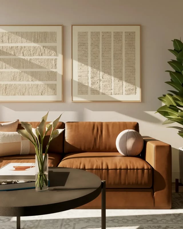 Brown leather sofa with art and plants living room at 626 on the Park in Chicago Student Accommodation