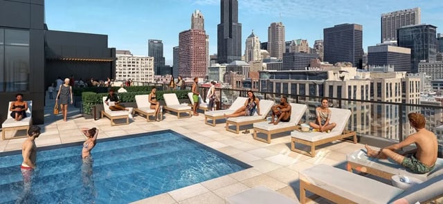 People sunbathing and swimming pool exterior at 626 on the Park in Chicago Student Accommodation