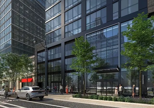 Modern apartment building entrance with glass exterior exterior at 626 on the Park in Chicago Student Accommodation