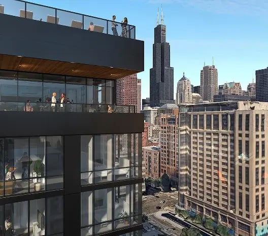 Balconies with people modern building exterior at 626 on the Park in Chicago Student Accommodation