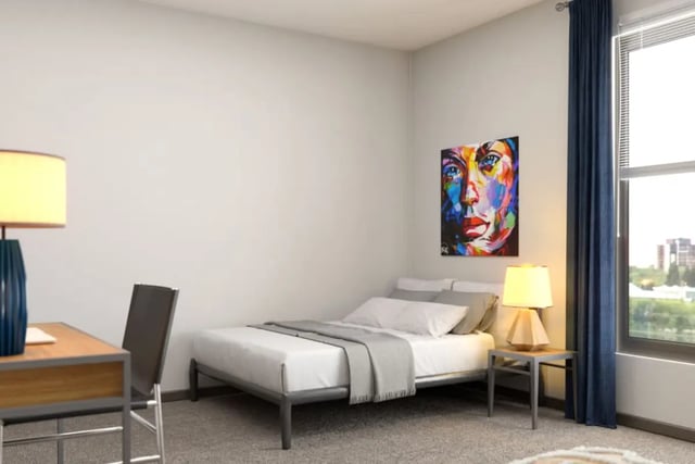 Bed desk lamp art and window bedroom at Crimson in Tuscaloosa Student Accommodation