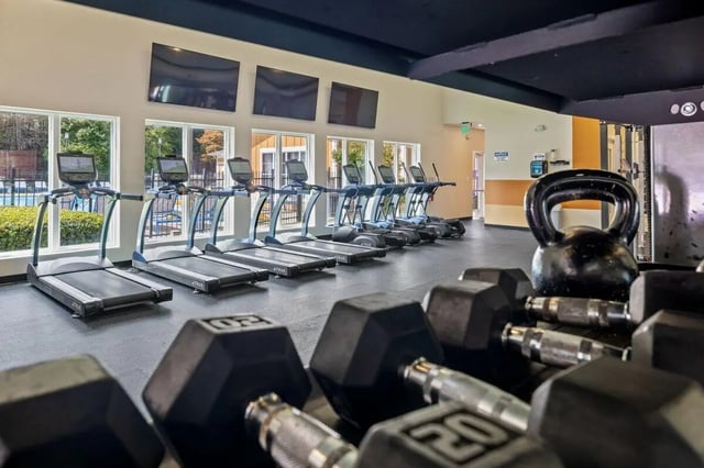 Treadmills and dumbbells in a gym at Clemson Edge in Clemson Student Accommodation
