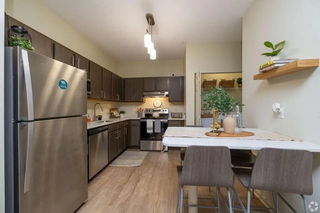 Stainless steel refrigerator dark cabinets dining table kitchen at Clemson Edge in Clemson Student Accommodation