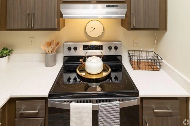 White kettle on gold tray kitchen kitchen at Clemson Edge in Clemson Student Accommodation