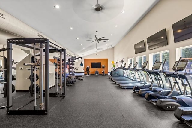 Weight machines treadmills ellipticals and TVs Gym at Clemson Edge in Clemson Student Accommodation