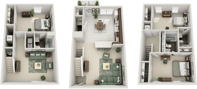 Three floor plans with bedrooms living rooms and kitchens at Copper Beech at Ames Apartments in Ames Student Accommodation
