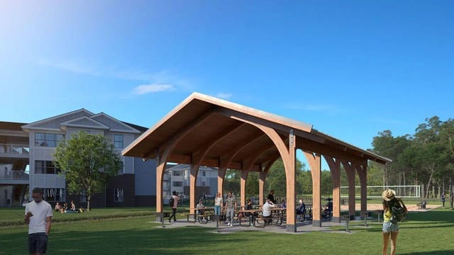 Covered picnic area with people and building exterior at 698 Prospect in Pembroke Student Accommodation