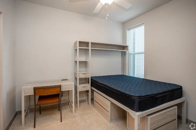 Desk bed and shelving unit bedroom at The Davy in Knoxville Student Accommodation