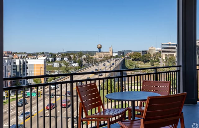 Outdoor seating area with city bridge view exterior at The Davy in Knoxville Student Accommodation