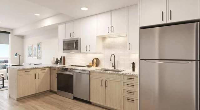 Modern kitchen with stainless steel appliances and cabinets kitchen at Aspire Reserve in College Station Student Accommodation