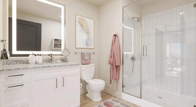 Toilet vanity sink shower with bathrobe Bathroom at Aspire Reserve in College Station Student Accommodation