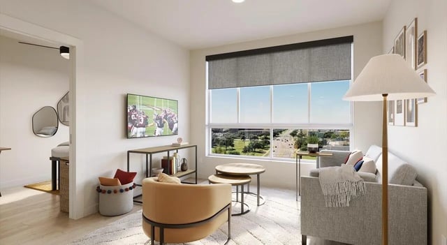 Sofa TV coffee tables armchair round basket rug living room at Aspire Reserve in College Station Student Accommodation