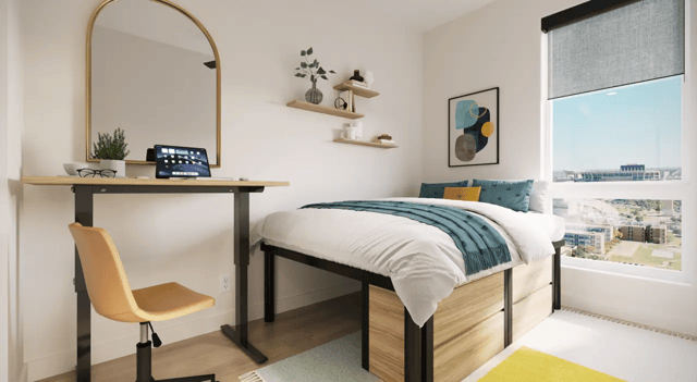 Adjustable desk bed drawers and large window bedroom at Aspire Reserve in College Station Student Accommodation