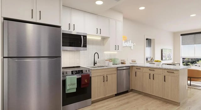 Stainless steel fridge microwave sink dishwasher kitchen at Aspire Reserve in College Station Student Accommodation