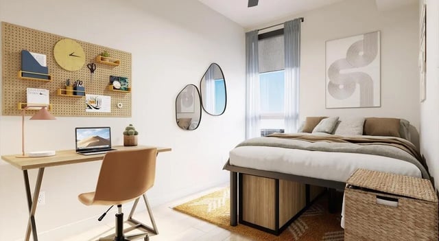 Desk bed pegboard mirrors abstract art bedroom at Aspire Reserve in College Station Student Accommodation