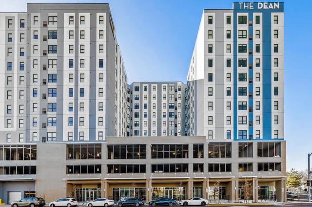 Modern apartment buildings with street level retail exterior at The Dean Reno in Reno Student Accommodation