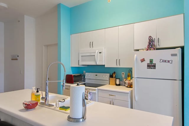 Sink faucet cabinets microwave oven and refrigerator kitchen at The Q'ube in Springfield Student Accommodation