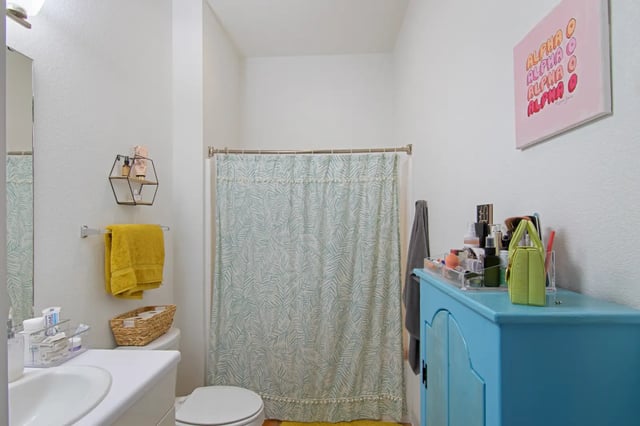 Blue cabinet shower curtain towels artwork bathroom at The Q'ube in Springfield Student Accommodation