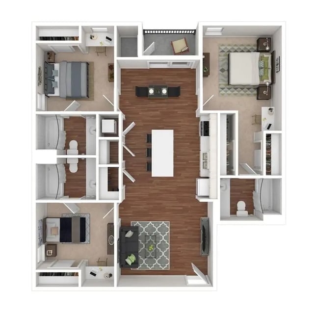 Three bedrooms two bathrooms kitchen living room floor plan at The Q'ube in Springfield Student Accommodation