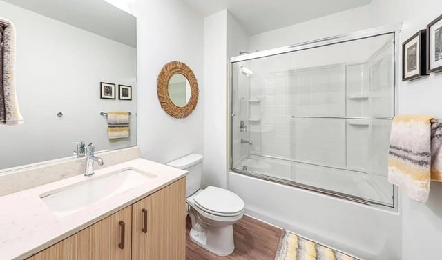 Modern bathroom vanity toilet shower bathtub bathroom at Theory U District in Seattle Student Accommodation