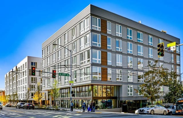 Modern apartment building street view exterior at Theory U District in Seattle Student Accommodation