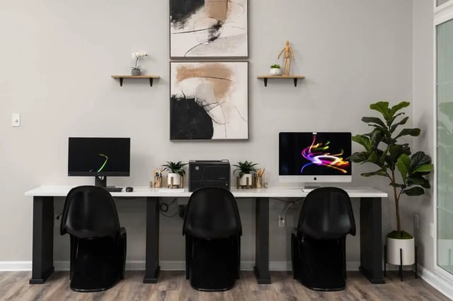 Three computers and chairs study area at The Gathering in Salisbury Student Accommodation