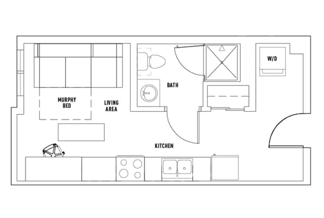 Murphy bed living area bath kitchen floor plan at The James in Richmond Student Accommodation