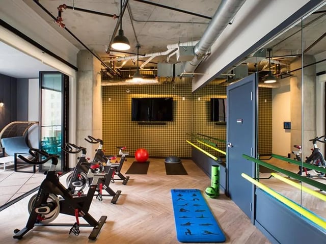Exercise bikes mats and fitness equipment gym at The James in Richmond Student Accommodation