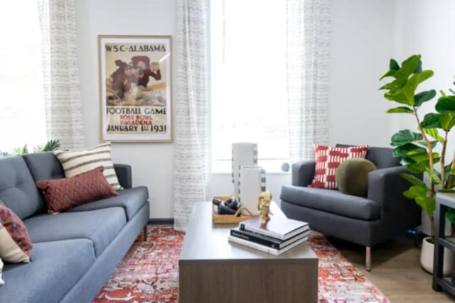 Gray couches, coffee table, plant, rug, poster living room at East Edge in Tuscaloosa Student Accommodation