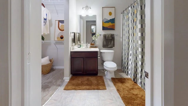Bathroom with vanity toilet rugs shower curtain bathroom at Block20