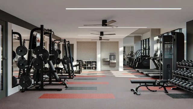 Weight racks treadmills and exercise machines gym area at The Sinclair in Austin Student Accommodation